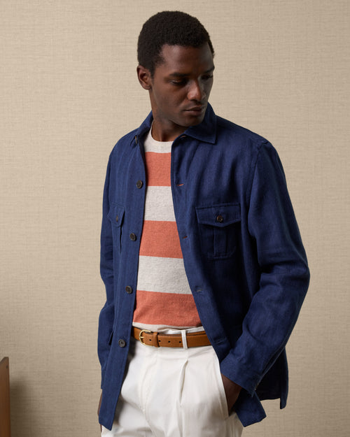 Men's shirt jacket in 100% blue linen | Velasca
