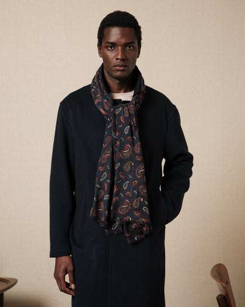 トップス Scallop embroidery scarf venica 100% pure wool dark blue paisley printed scarf | Velasca
