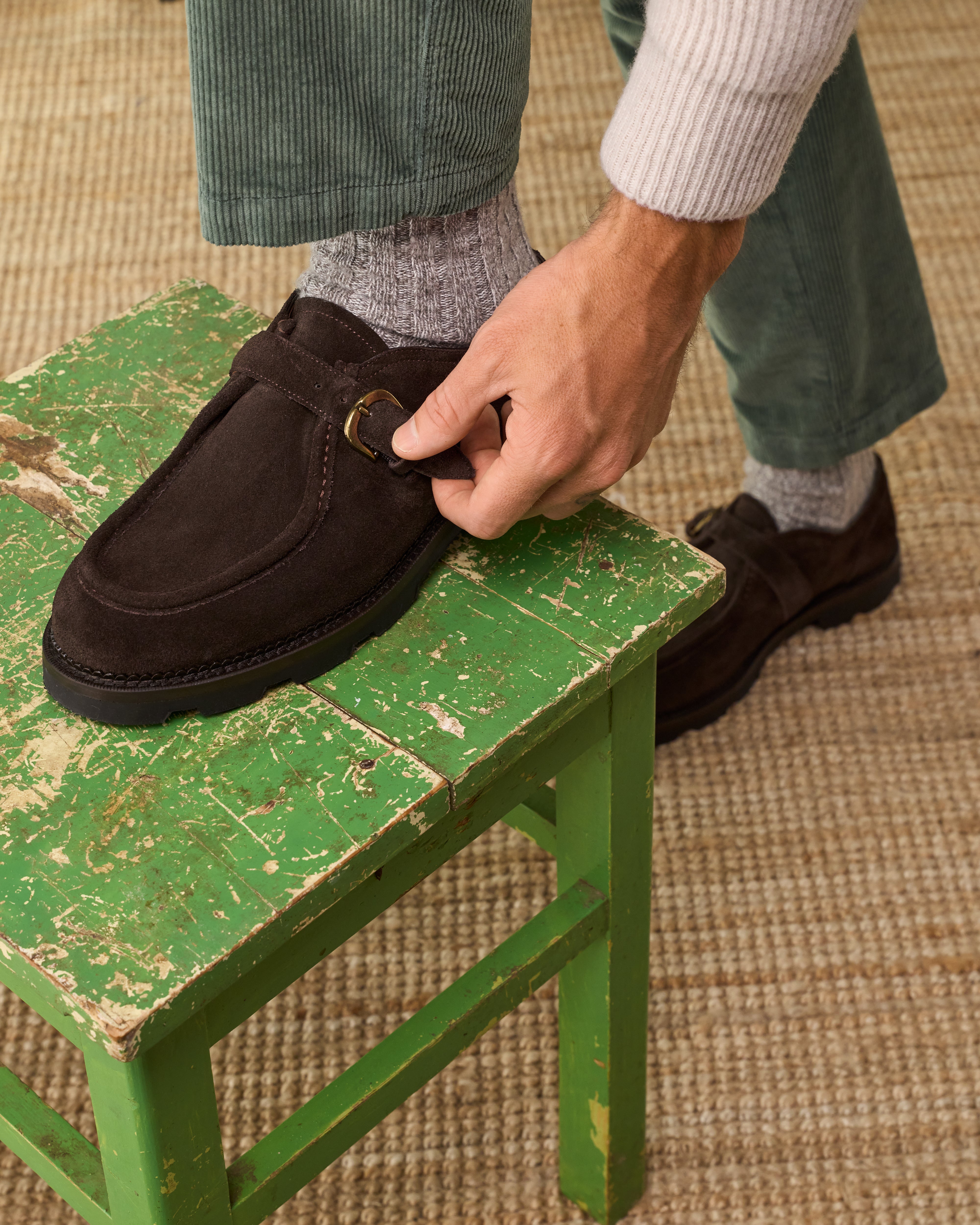 Men's moc-toe shoe with buckle, brown suede | Velasca