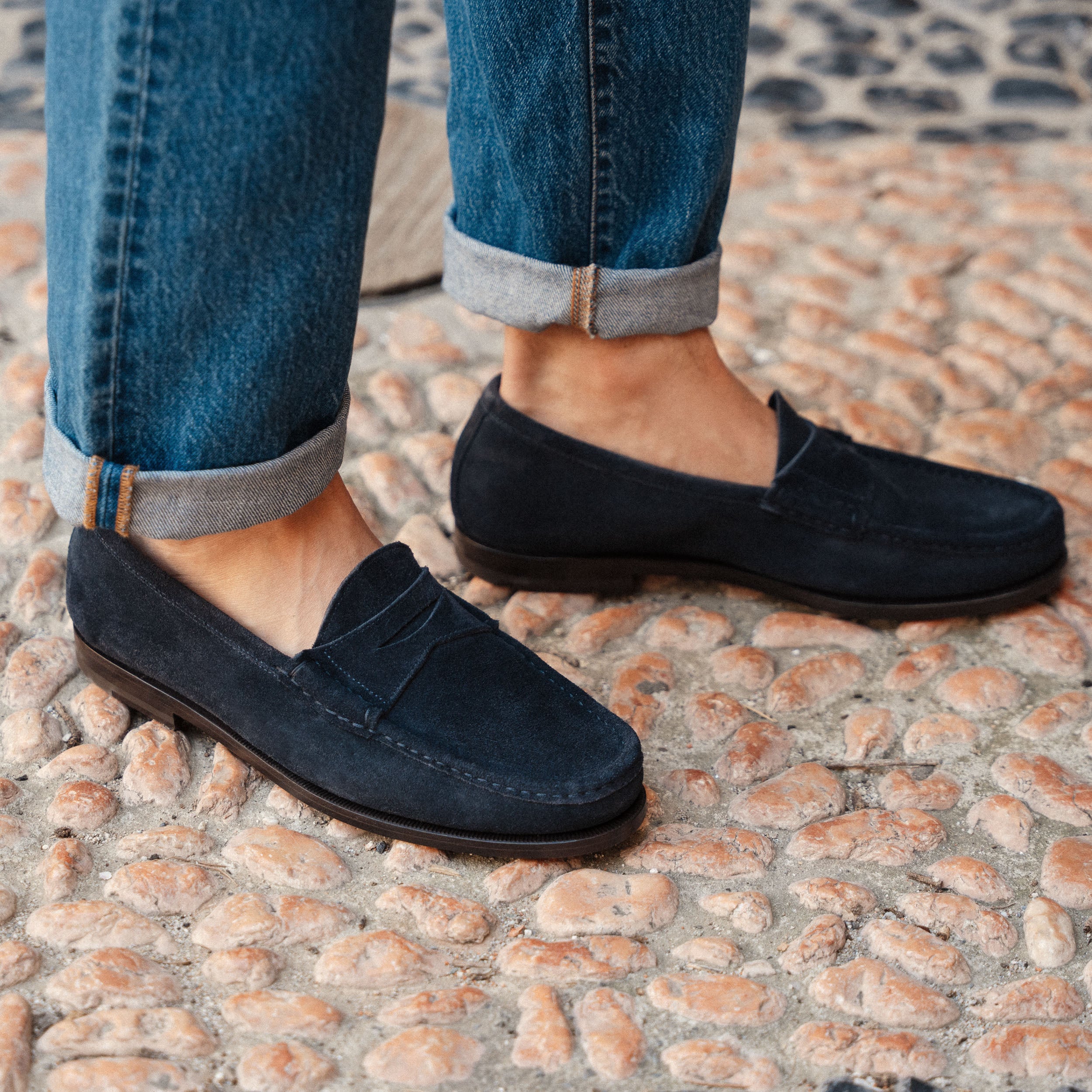 Men's dark blue suede leather Penny Loafers Velasca