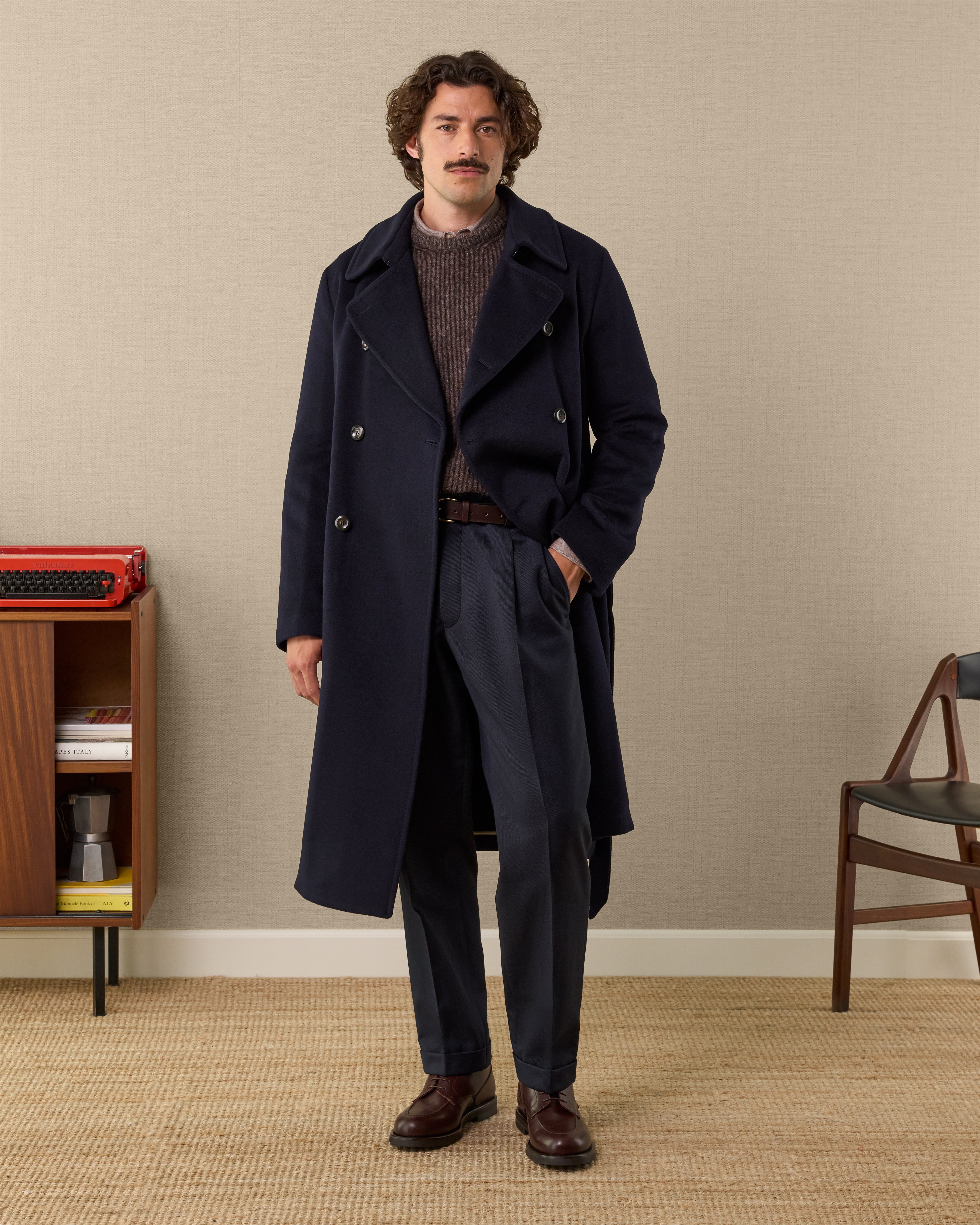 Men's blue wool trench coat with belt, Made in Italy | Velasca
