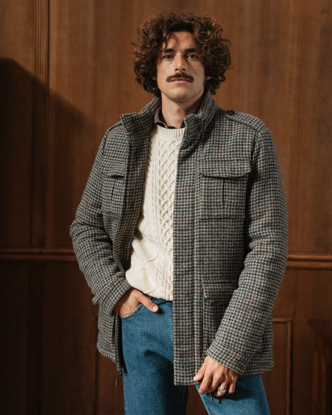 ジャケット・アウター Ombre Check Wool Chester Field Coat Grey-blue check padded field jacket, Made in Italy | Velasca
