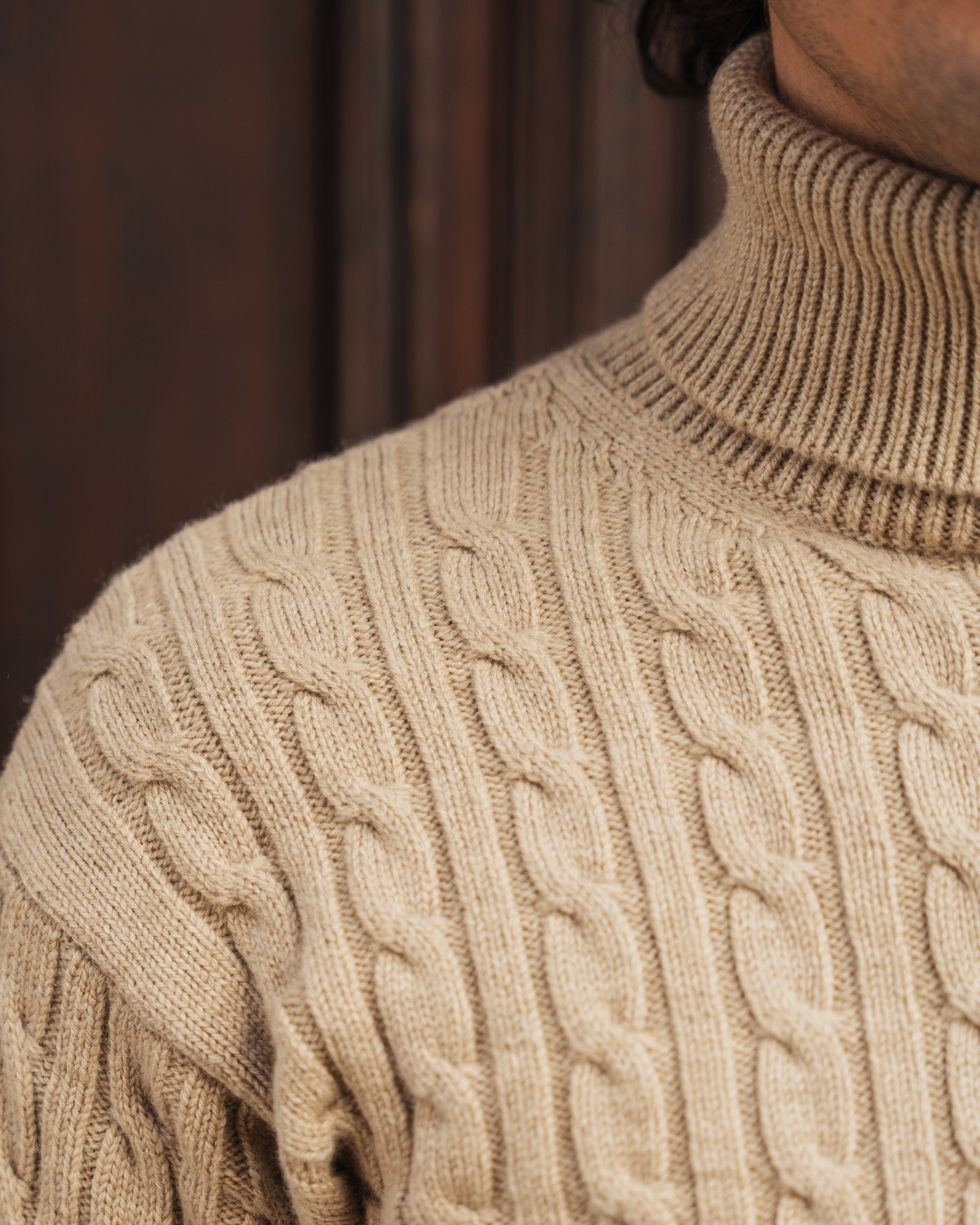 Roll Neck Mens Cream Cable Knit Turtleneck Sweater Mens Natural