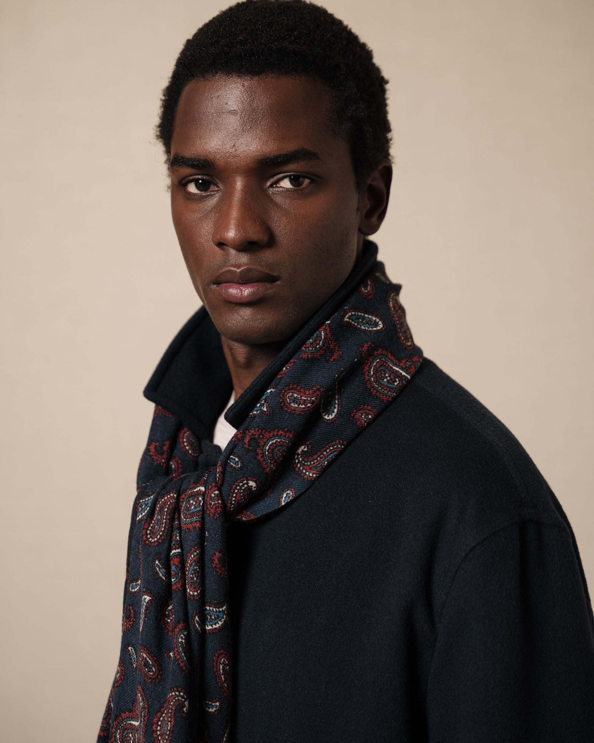 100% pure wool dark blue paisley printed scarf | Velasca