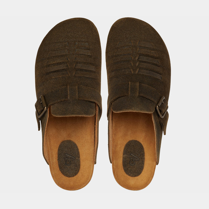 Velasca | Olive green handmade men’s suede sabot mules
