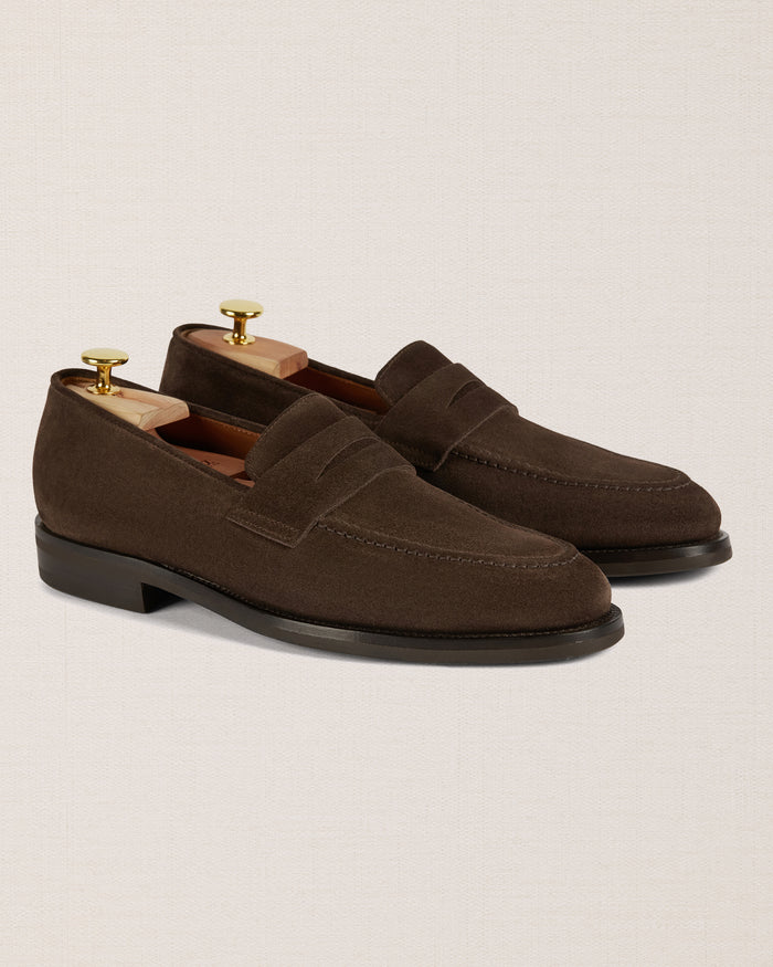 Brown suede leather tapered penny loafers | Velasca