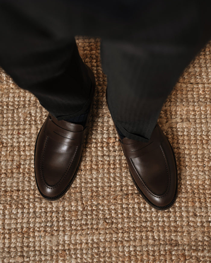 Brown tapered real leather penny loafers | Velasca