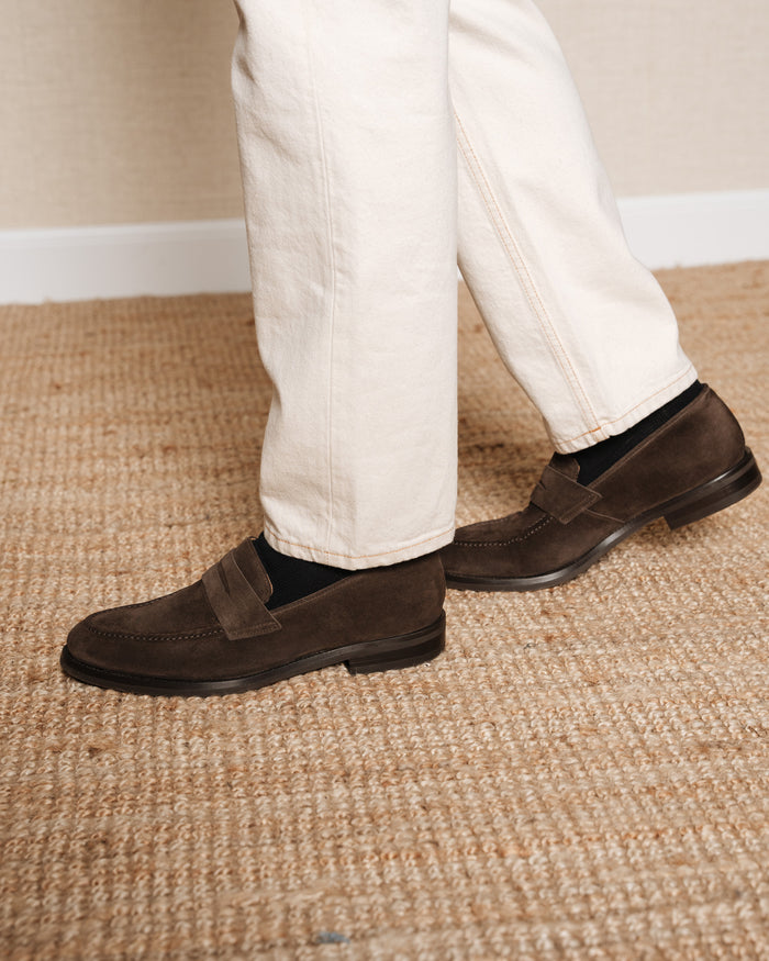 Brown suede leather tapered penny loafers | Velasca